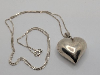 Großer Sterling Silber 925 Puffy Herz Anhänger mit 24'' Box Kette