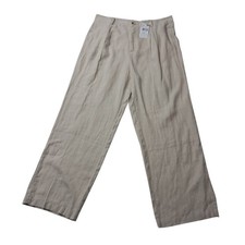 NWT Mango MNG Pants Womens 12 Beige Maneli Wide Leg Linen Blend Work Minimalist