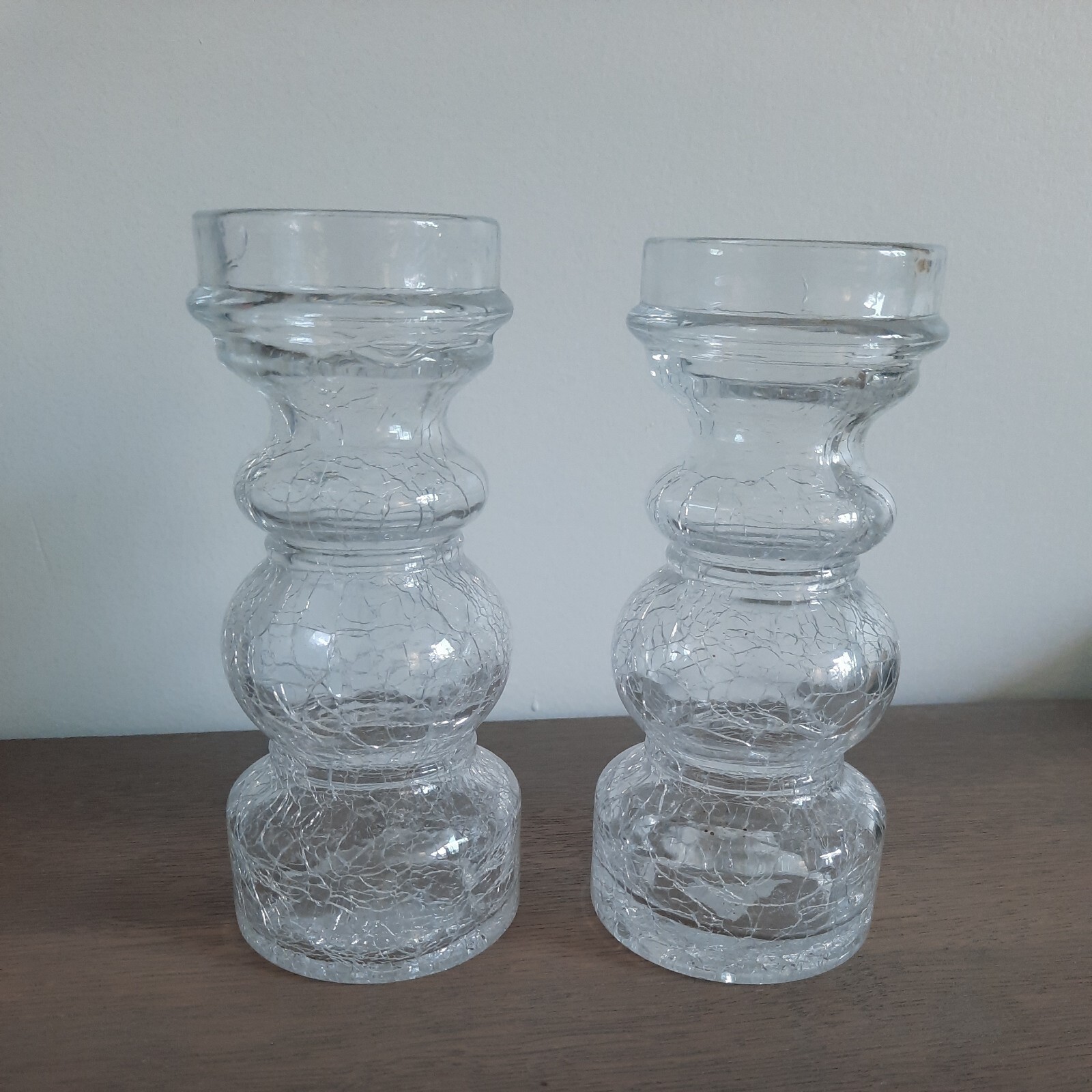 Set of 2 Vintage Clear Crackle Glass Candle Holder 6 1/4" Tall Pair Candlesticks