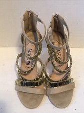 Mackin J Beige Gold Suede Scrappy Zip At Heel Rhinestone Embellished Sz8 Heels