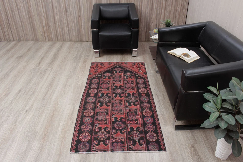 3x6 Traditional BLACK Vintage Anatolian RED Wool Hand Knotted Oriental Area Rug - Image 3 of 4