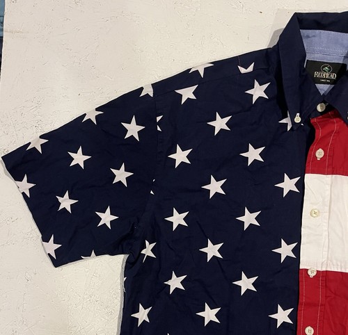 VTG Y2K Redhead American Flag AOP Button Shirt Size M Stars & Stripes Patriotic - Picture 4 of 8