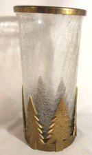 Heavy Solid Brass Round Pine Christmas Tree Pillar Candle Holder, Crackle Glass