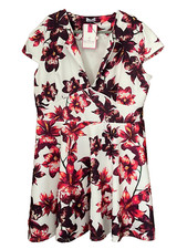 Want That Trend Plus Size 24 Cream Red Floral Plunge Neck Skater DRESS L 38 in