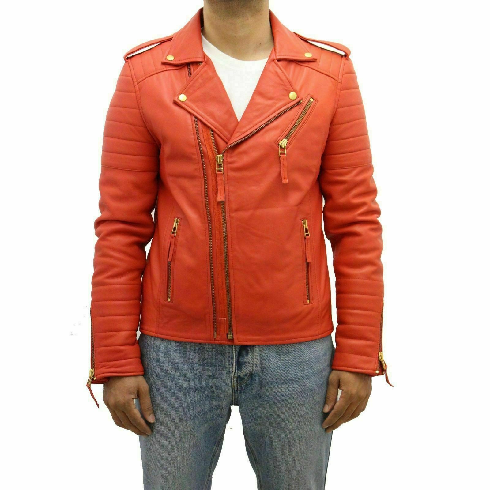 ALTRA Giacca Cappotto Tangy Uomo Vera Pelle d'Agnello Trendy Retro Slim Biker Arancione