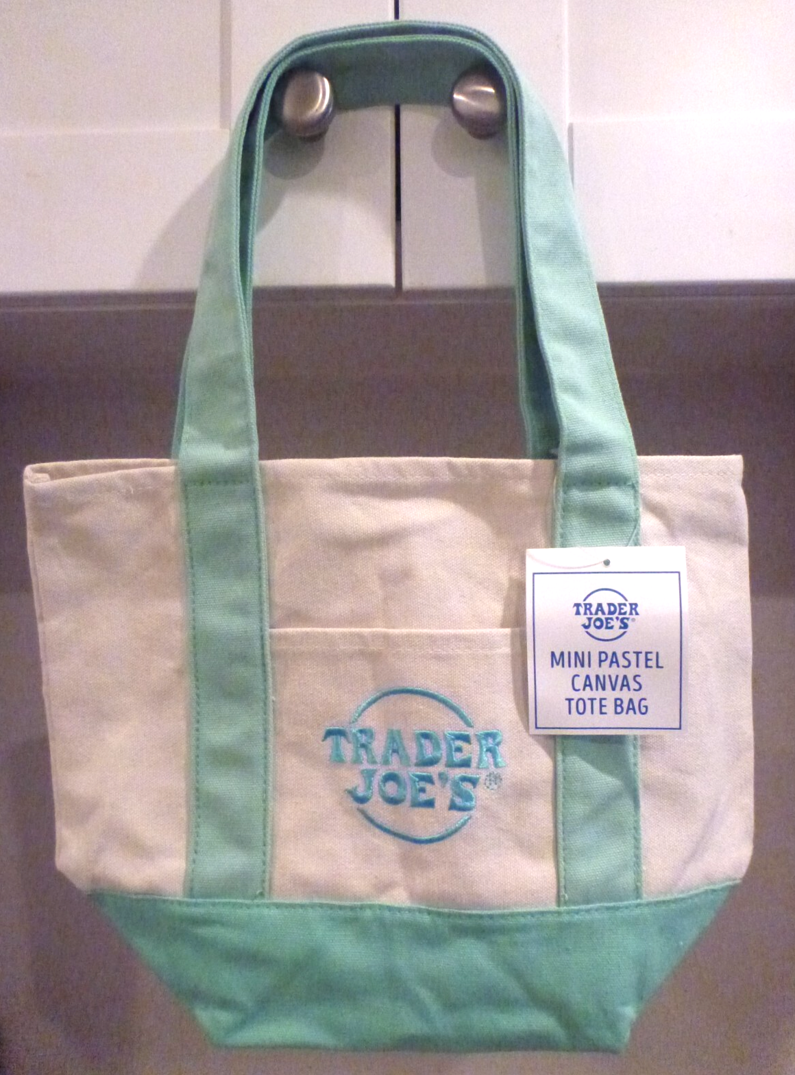 Trader Joes Mini Pastel Green Canvas Tote Bag Reusable Limited Edition