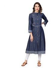 Stylish Indian Cotton Embroidered Sleeveless Regular Tunic Tops for Women Blue 