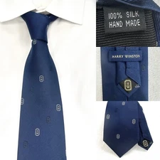 HARRY WINSTON HW Logo Men Tie Navy Blk  100% Silk Handmade 3 3/16 x 58 Repp