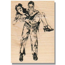 Wood Rubber Stamp, Scary Man With Woman, Halloween, Horror, Monster,Lady, People