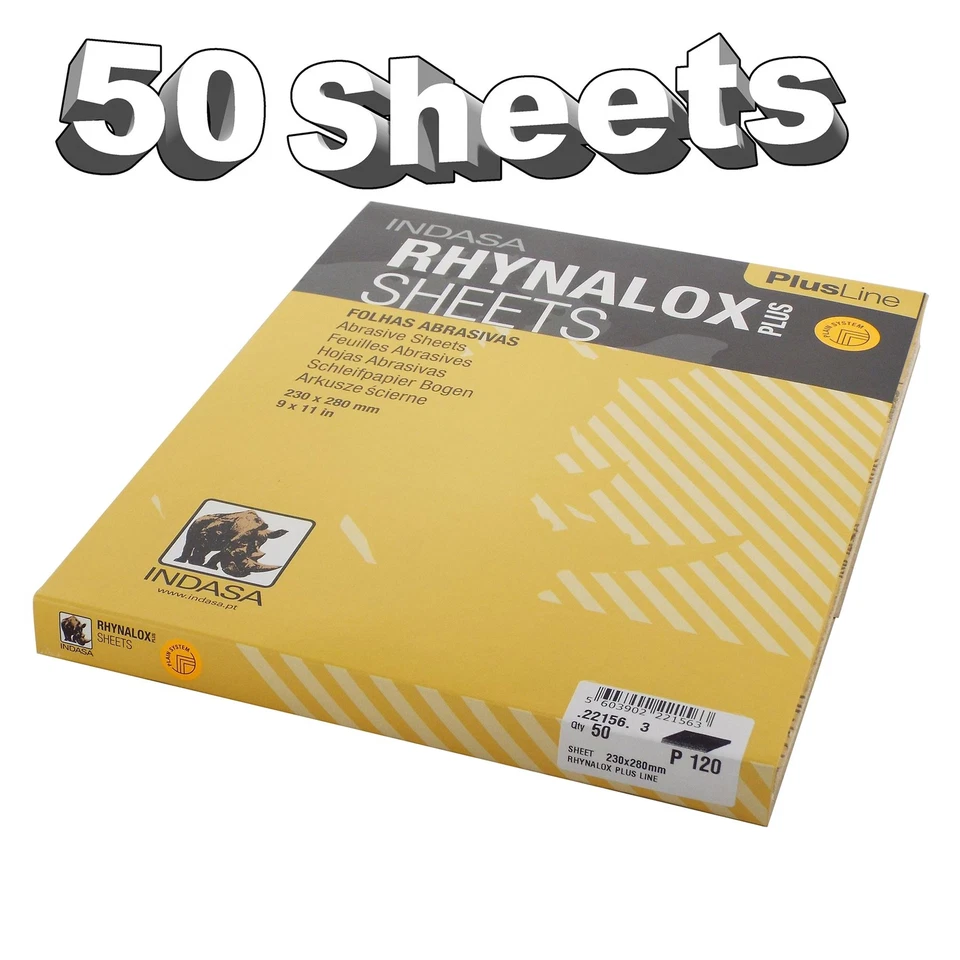 Indasa Rhynalox Plusline Production Paper P120 grit Sand Paper Sheets Pack 50