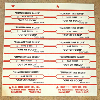 BLUE CHEER ''SUMMERTIME BLUES''  JUKE BOX TITLE STRIPS PAGE OF 10  ORIGINAL
