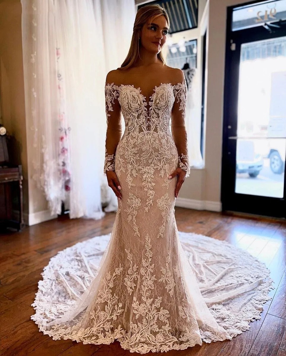 Simple Mermaid Wedding Dress Off Shoulder Long Sleeved Lace Applique Bride  Gowns