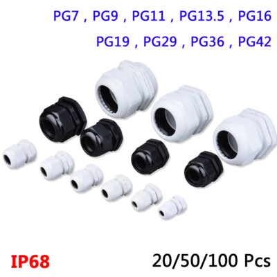 Waterproof Nylon Cable Gland IP68 Seal PG-7,9,11,13.5,16,19,29,36,42 Black White