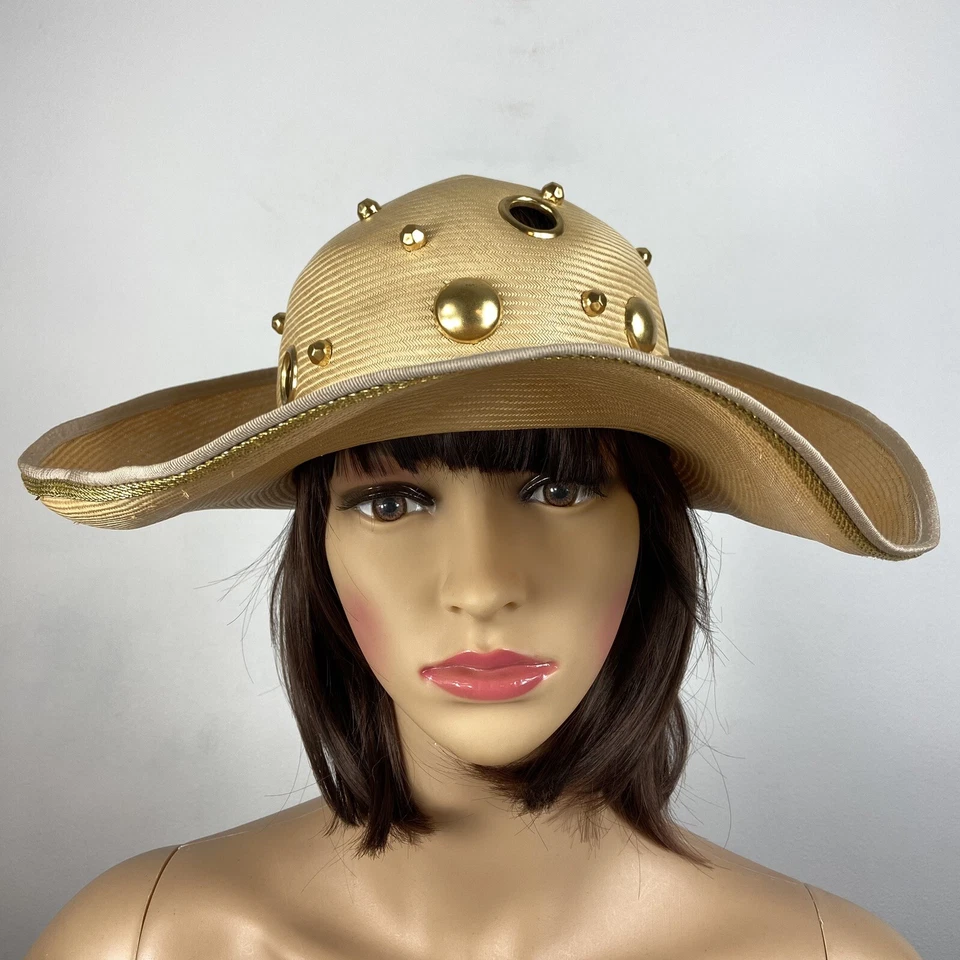 Oscar de la Renta Natural Straw Wide Brim Hat w/ Gold Appliqués & Grommets S - Image 2 of 4