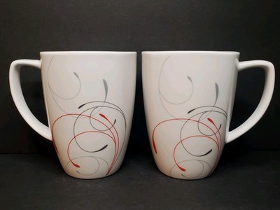 2 Corelle Coordinates Splendor Red Gray White Square Porcelain Coffee Cups EUC