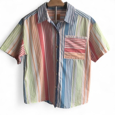 Ruby Rd Women Shirt Medium Petite Stripes Colorful Button Up Short Sleeve Cotton