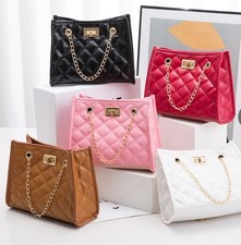 Quilted Chain Shoulder Bag Turn Lock Gold Strap Black Red Pink Brown White