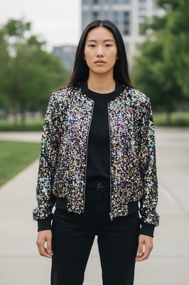 Emery Rose Women's Fully Sequined Sparkly Multi Color Full Zip Jacket Sz M