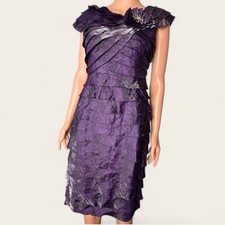 London Times Metallic Purple Tiered Ruffle Sheath Dress Floral Brooch 6 Shimmer