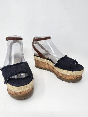 G by Guess Womens 6.5 Denim Platform Cork  Sandals Ankle Strap Boho Espadrille 
