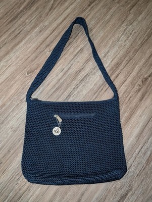 The Sak Crochet Knit Shoulder Bag Zip Handmade Purse 12'' X 10'' Hippie Knit Navy