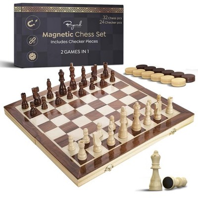 Wooden Magnetic Chess Set | 15 Inch Foldable Chess Board - 2 Extra Queens - M...
