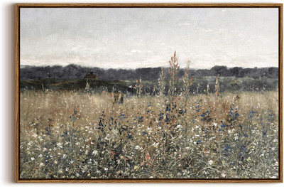 Framed Canvas Wall Art Vintage Decor, Large Wall Art, Meadow with Flowers Landsc