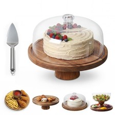 Acacia Wood Cake Stand with Dome Lid, Footed Wooden Cake Display Plate with C...