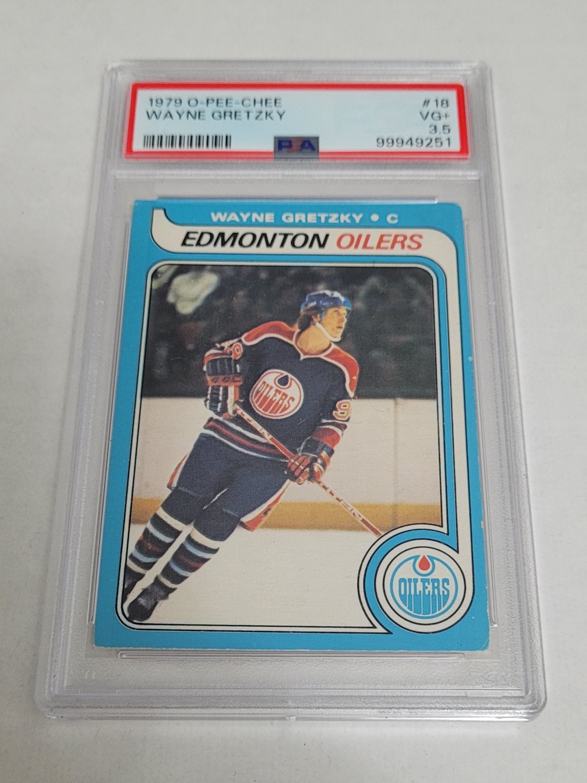1979-80 O-Pee-Chee OPC #18 Wayne Gretzky Rookie Card RC PSA 3.5 VG+ Blue Lines