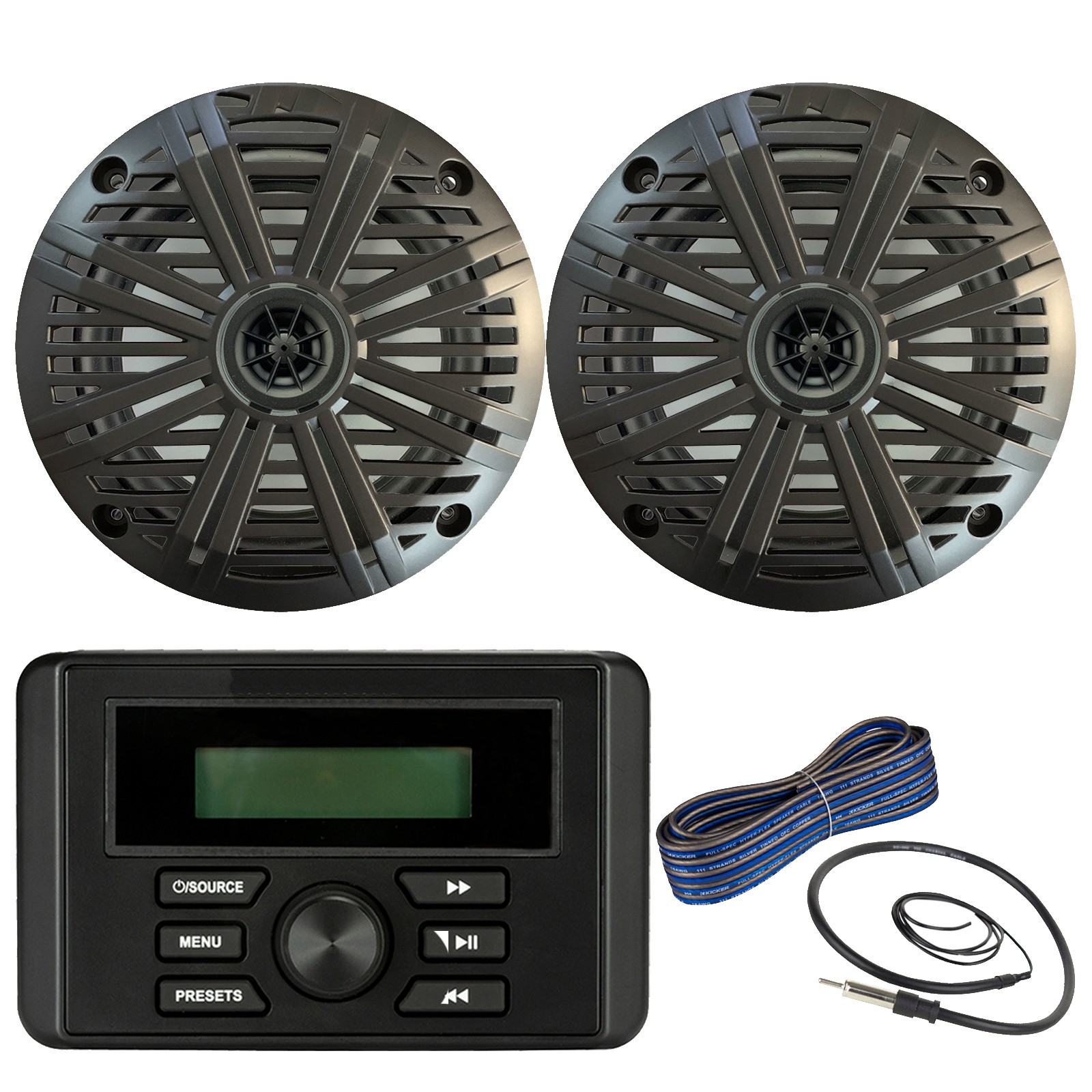 Kicker KMC3 Marine Stereo Receiver, 2x 6.5" Speaker w/Grille
