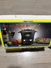 Fondue Set w/ Warming Stand 10 pc Set Black Enamel Cast Iron 1.5 Qt Warmers Oil