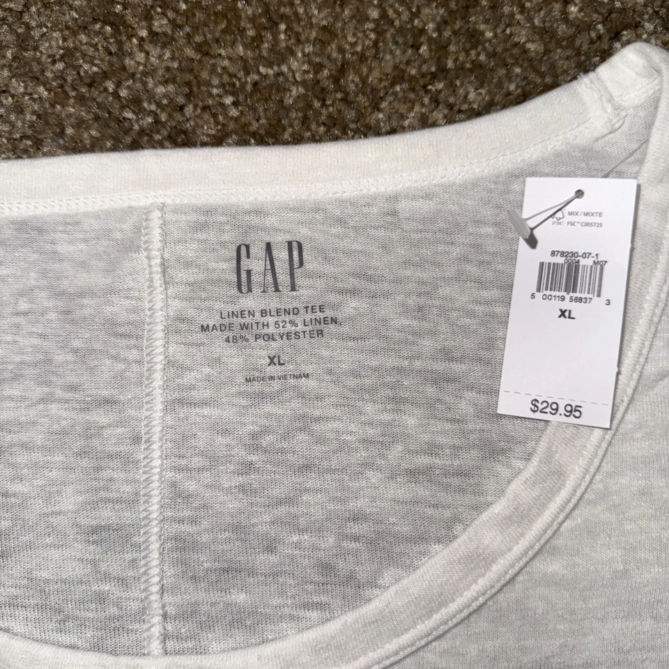 Gap 亚麻混纺 T 恤女式 XL 拉丝白色低圆领休闲海滩泳池 — 第 2/4 张图片