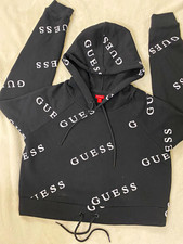 GUESS women Black Logo Pattern Fleece Cotton Pullover Hoodie, Cropped size M