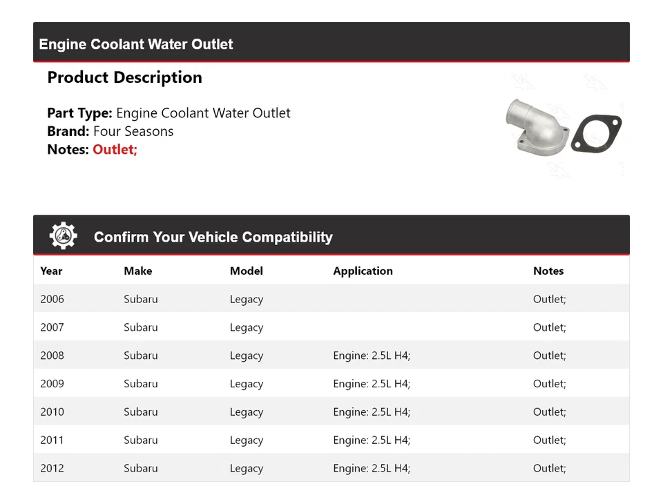 Salida de agua refrigerante motor Subaru Legacy 2006-2012 4 estaciones 2007 2008 2009 Foto 2 de 4
