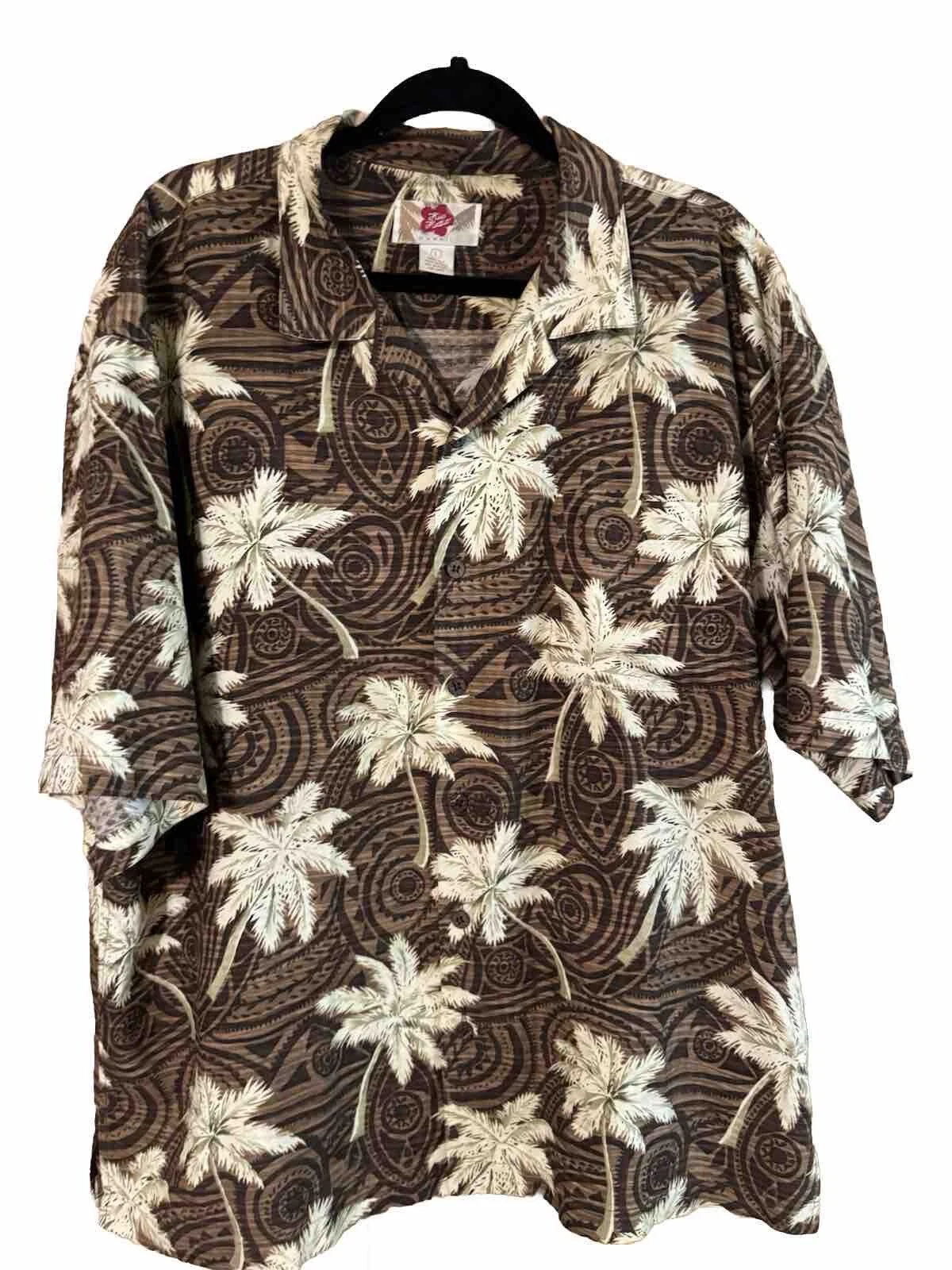 Hilo Hattie Hawaii Men's L Brown Palm Trees 100% Silk Chest 50 Oversized SILK