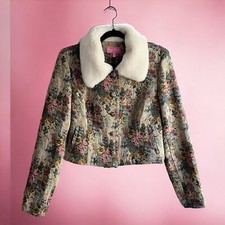 Sugar Thrillz Floral Tapestry Print Cropped Jacket Faux Fur Collar Pastel Size L