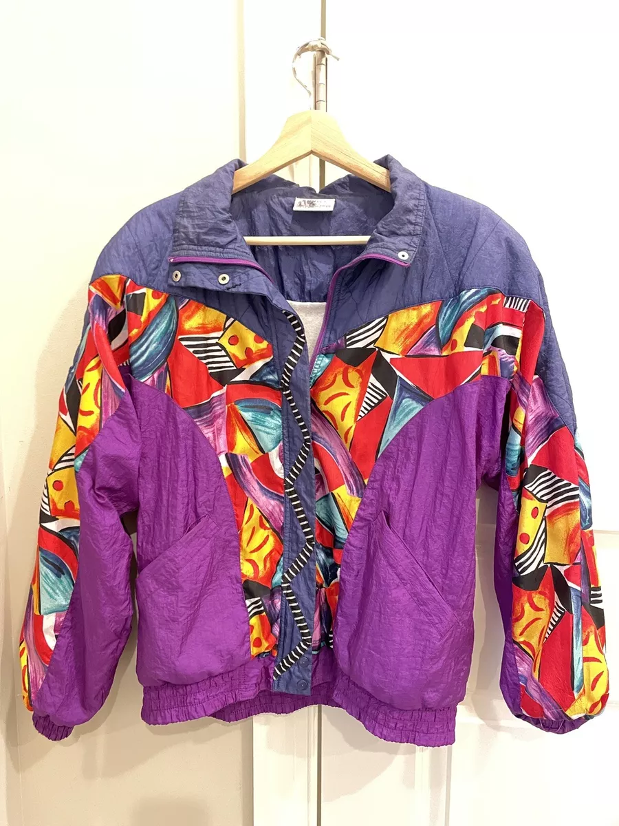 80s Vintage Eunice M Windbreaker Jacket Women's Multi Color w/Shoulder Pads