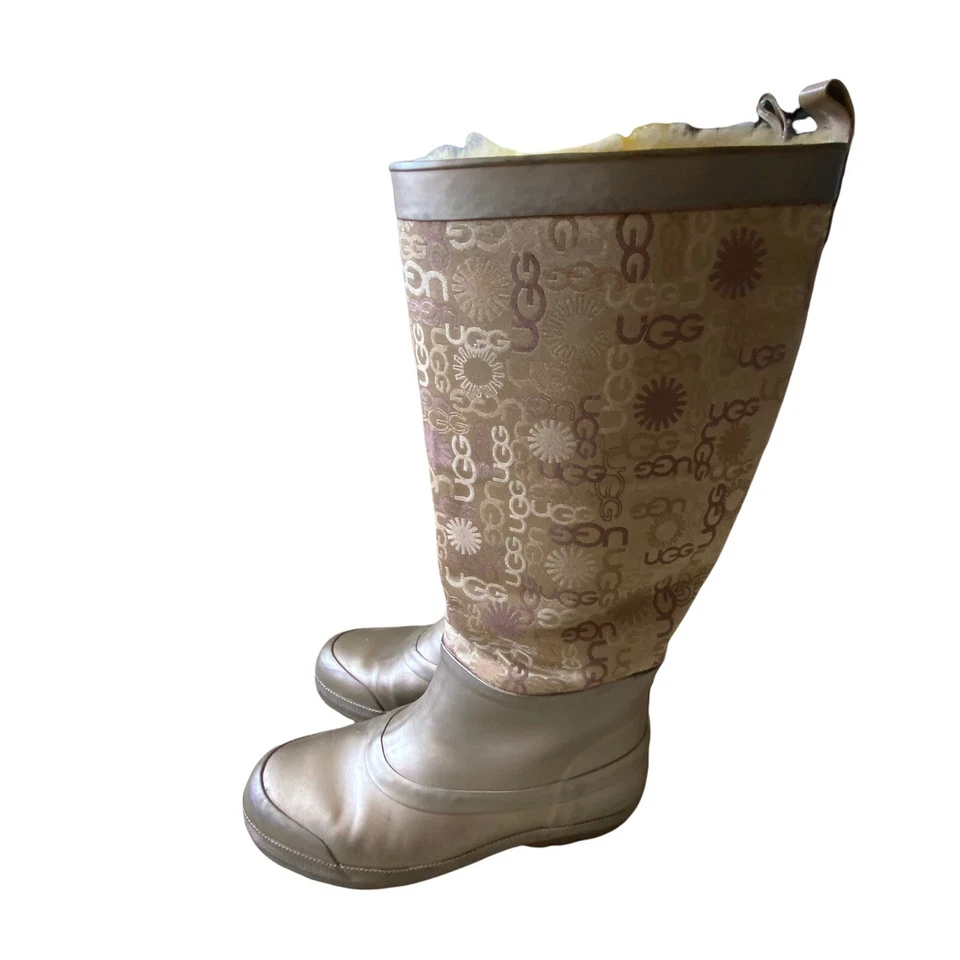 Ugg Rain Boots Women's Sz 7 5700 Gold Rubber Textile Round Toe Knee High Damaged - Image 2 of 4