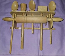 Vintage Hanging Wood Utensil Holder And Rolling Pin  Made In Japan