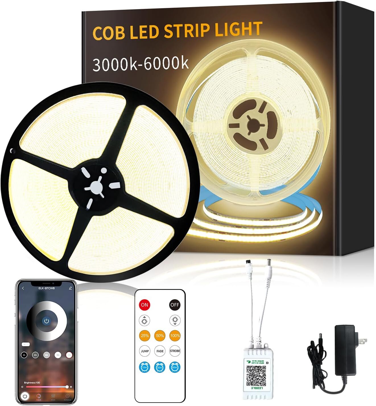 50ft 3000K Warm White Dimmable LED Strip Lights 24V Flexible Rope Light-image