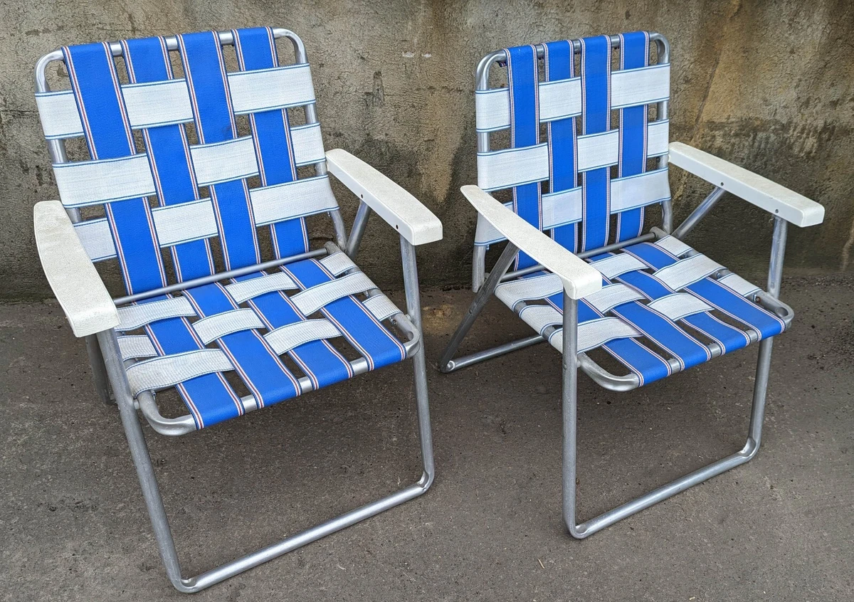 Pair Vintage Old Folding Foldable Aluminum Beach Pool Lawn Chairs Nylon Fabric
