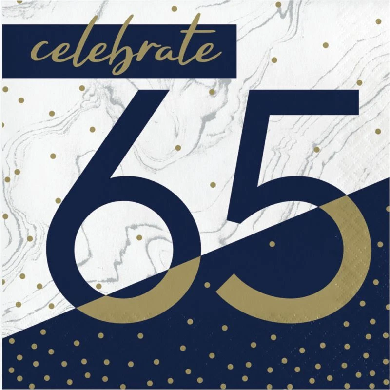 CREATIVE CONVERTING Navy & Gold Milestone 65th Birthday Lunch Napkins Paper 16 Per Pack 6.5" x 6.5"