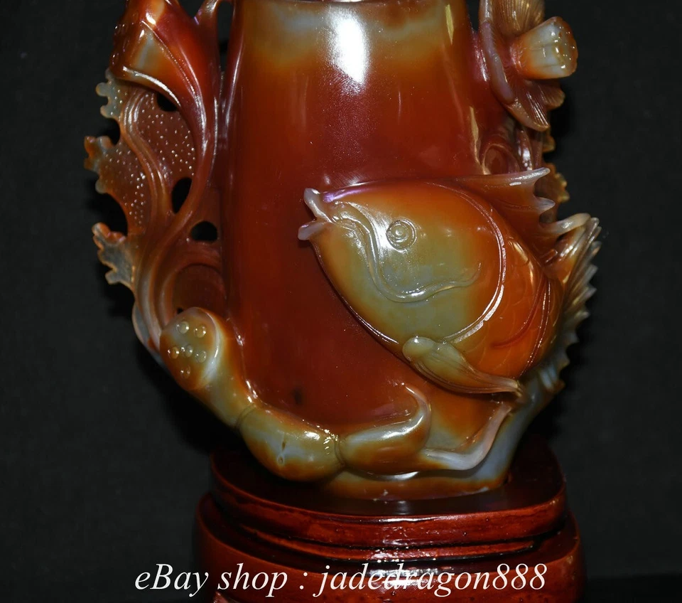 Jarrón lápiz maceta cepillo de flores de loto pez talla ágata roja marca china de 8,4" Foto 3 de 4