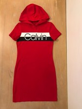 Calvin Klein Ladies Dress Hooded Short Sleeve Large Logo Red Size PXS