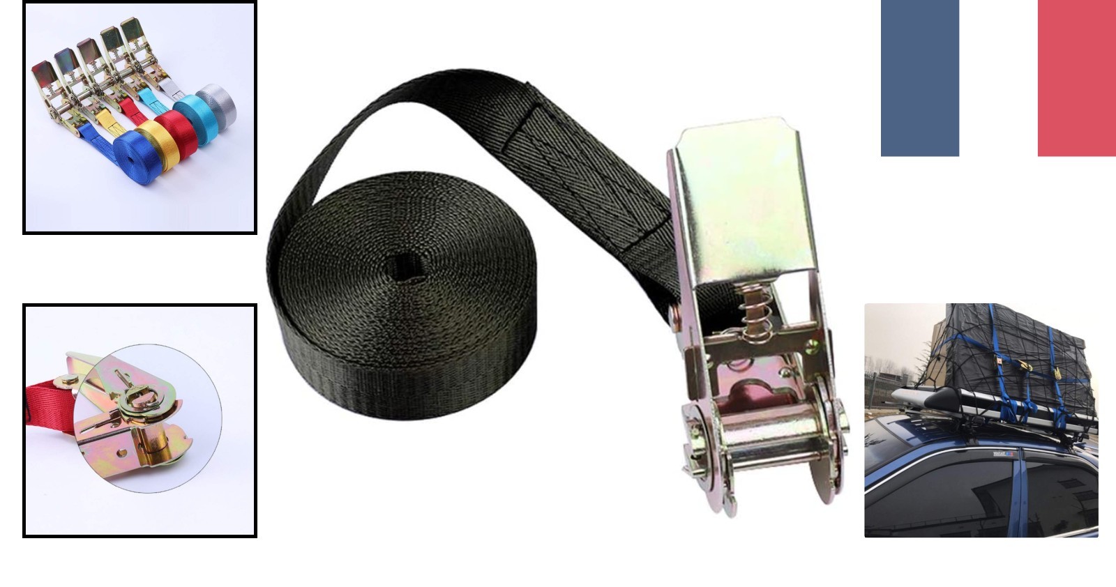 Sangle à cliquet pour remorque et coffre de toit avec boucle métallique de serrage