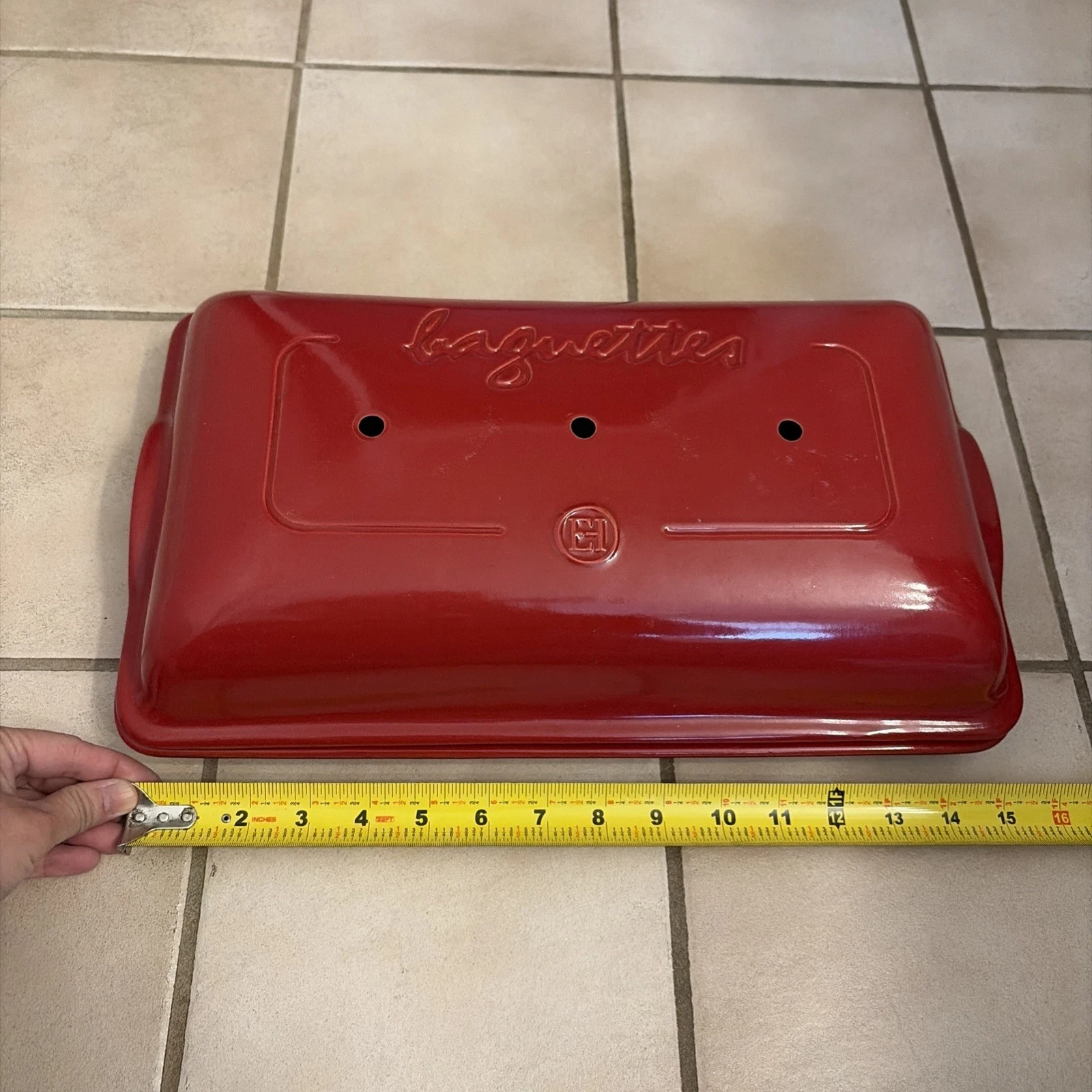 Emile Henry France Red Ceramic Baguette Baker 3-Loaf Bread Maker Pan