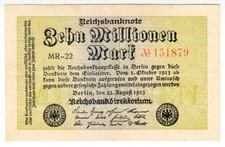 1923 Germany 10 Million Mark 151879 Reichsbanknote Paper Money Banknotes
