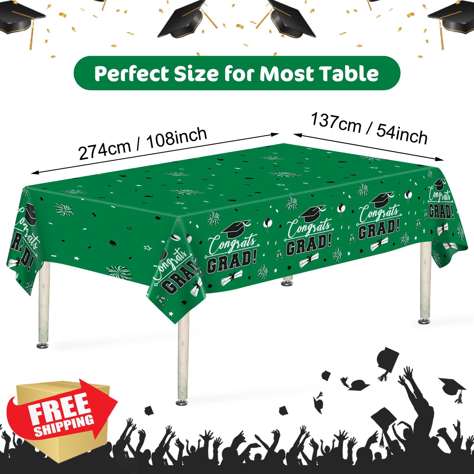3pc Grad Tablecloth Class of 2026 Green 54x108 Inch