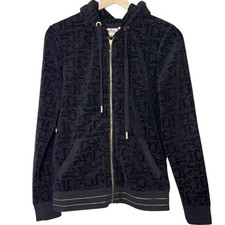 Juicy Couture Y2K Velour Allover Logo Print Black Full Zip Hoodie Size L Stretch