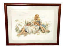 Vtg Handmade Framed Cross-stitch Wall Art Sisters Girls Friends Prairie Cottage